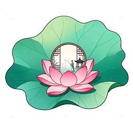 国风手绘荷花荷叶圆形窗景设计素材
