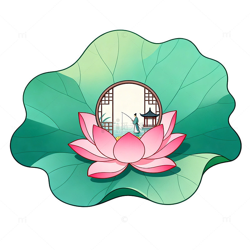 国风手绘荷花荷叶圆形窗景设计素材