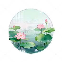 水彩风荷塘莲花圆形插画设计素材