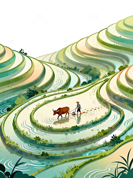 插画风梯田农耕田园风光设计素材