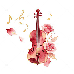 水彩风小提琴玫瑰音乐插画设计素材