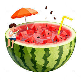 卡通风夏日西瓜泳池插画设计素材