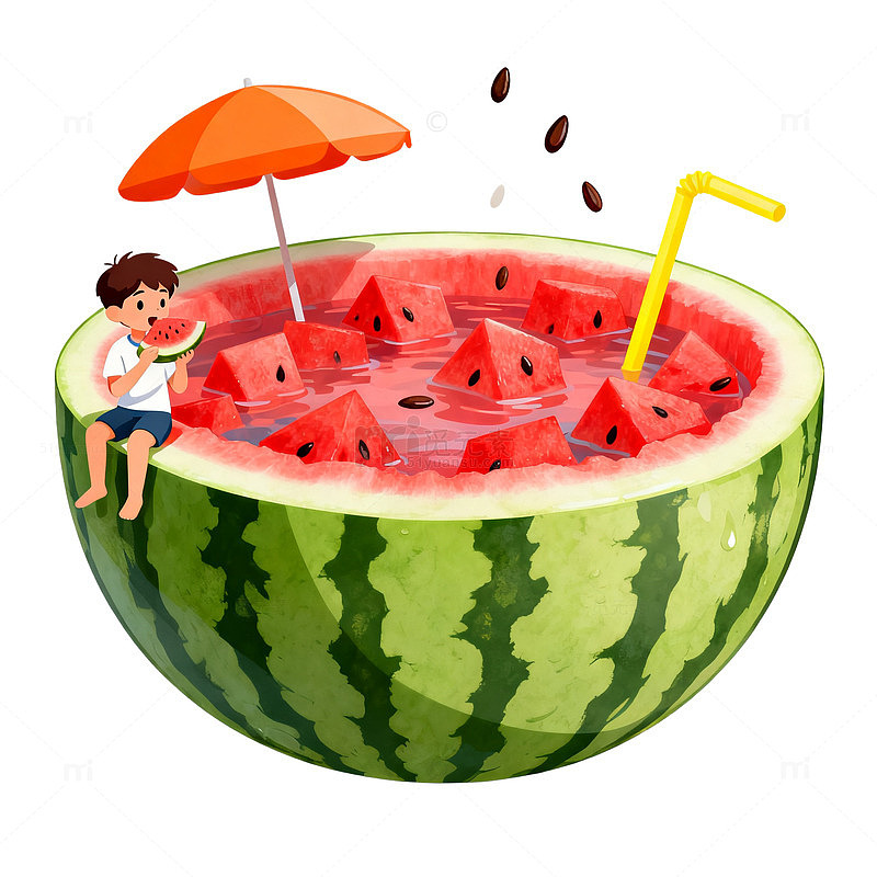 卡通风夏日西瓜泳池插画设计素材