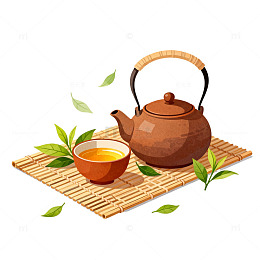 插画风茶道静谧手绘茶壶茶杯设计素材