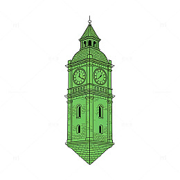 线条风绿色钟楼建筑插画设计素材