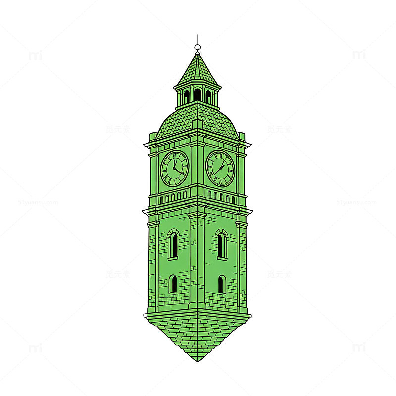 线条风绿色钟楼建筑插画设计素材