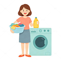 卡通风洗衣日常手绘女性女士形象免扣素材