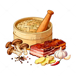 卡通风中式食材蒸笼设计素材
