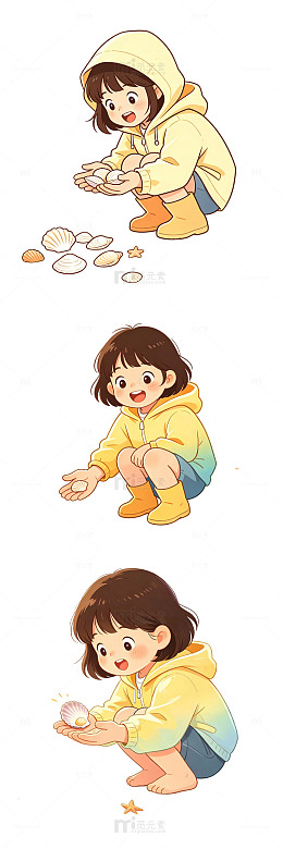 蹲坐水边翻看捡到贝壳的小女孩