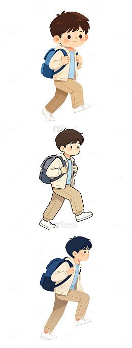 单手扶书包肩带缓步爬坡的小男孩