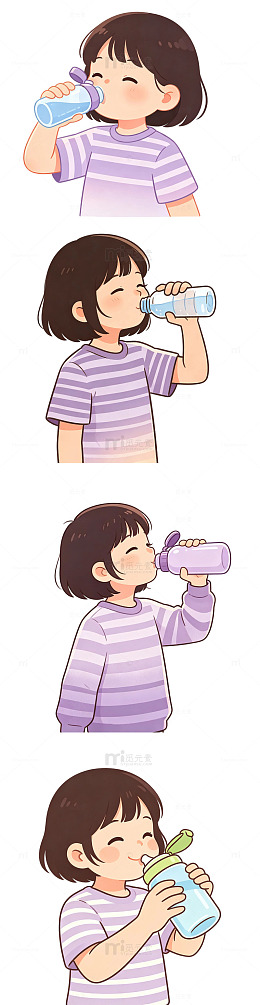 停下脚步拧开儿童水壶喝水的短发小女孩