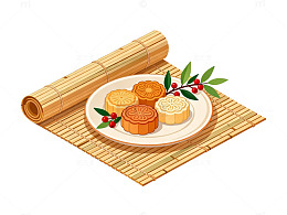 卡通风中秋月饼竹席摆盘设计素材