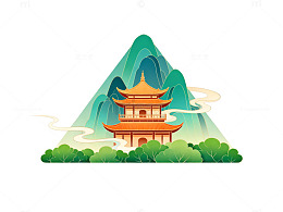 扁平风山水古塔插画设计素材