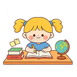 卡通风小女孩学习场景矢量免扣素材