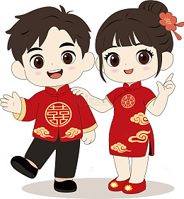 卡通风春节情侣插画设计素材