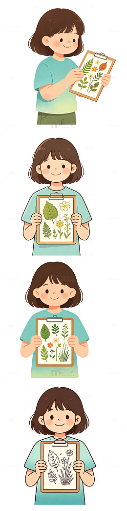 站立手持标本夹收纳花草的小女孩