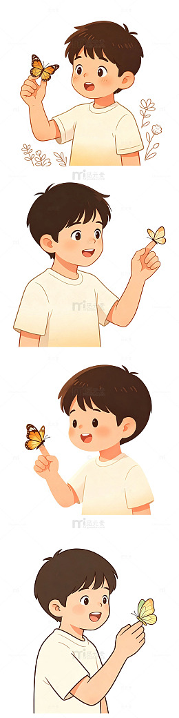 轻托蝴蝶停在指尖的短发小男孩