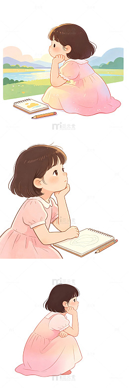 单手托腮眺望风景构思画面的小女孩