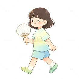 手持小扇子边走边乘凉的齐刘海小女孩
