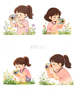 手拿相机拍摄花草的扎马尾小女孩