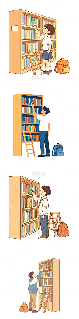 图书馆找书，书架前学生，手绘校园