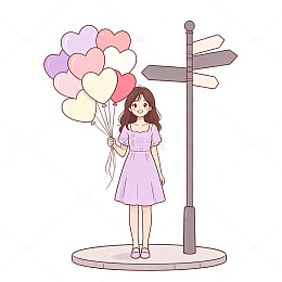 气球女孩，街角等待，可爱女生，扁平卡通