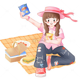 日系风野餐女孩手绘插画设计素材