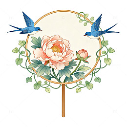 国风手绘花鸟团扇插画设计素材