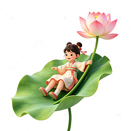 国风插画小女孩荷叶莲花设计素材