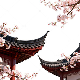 国风手绘樱花古建筑设计素材