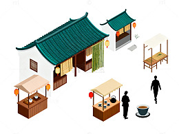 等距风古风街景建筑插画设计素材