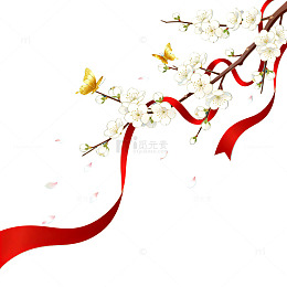 国风手绘梅花蝴蝶红色丝带设计素材