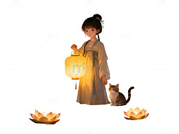 国风古风少女提灯猫咪插画设计素材