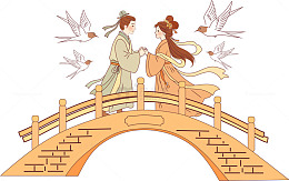 国风手绘鹊桥相会插画设计素材
