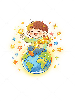 卡通风儿童地球五角星星男孩插画设计素材