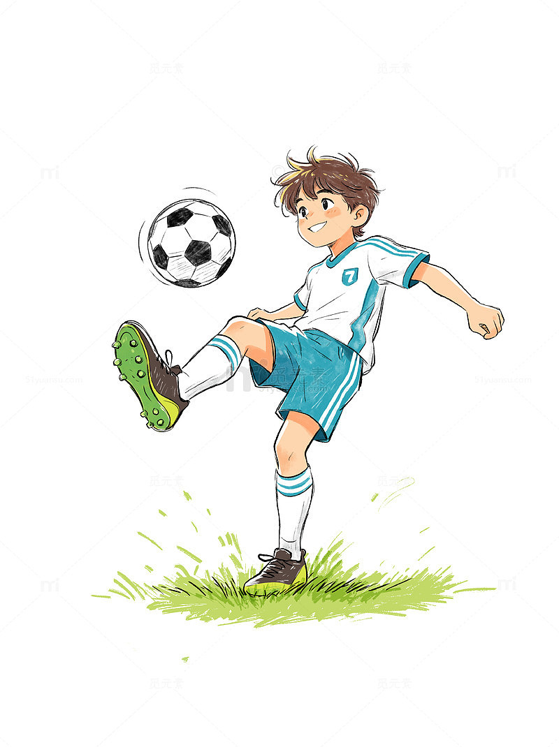 卡通风踢足球男孩体育运动手绘插画设计素材