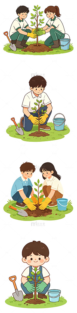 植树活动，校园公益，小树苗，手绘学生