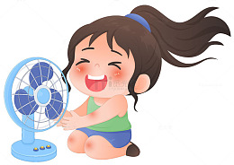 夏天女孩开心吹风扇高温防中暑儿童插画