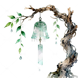 水彩风古树风铃植物插画设计素材