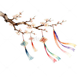 水彩风梅花枝挂饰手绘设计素材