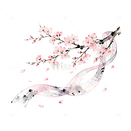 水墨风樱花枝飘带手绘设计素材