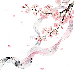 水墨风樱花飘带手绘背景设计素材