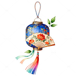 水彩风中式灯笼扇子装饰设计素材