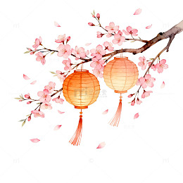水彩风樱花灯笼手绘节日装饰素材