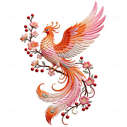 刺绣风凤凰花枝图案设计素材