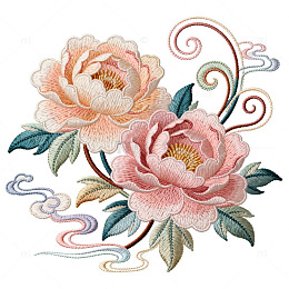 刺绣风牡丹花枝纹样设计素材