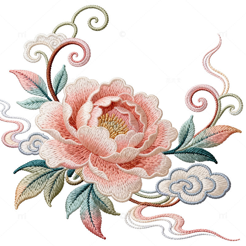 刺绣风牡丹花云纹装饰图案素材