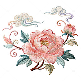刺绣风牡丹花枝手绘花卉设计素材