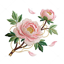 刺绣风粉色牡丹花枝设计素材