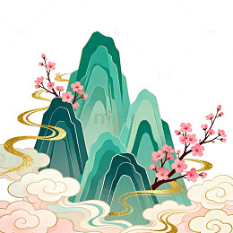 国风山水梅花云雾插画设计素材